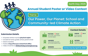 Poster for the Earth Day 2026 Annual Student Poster or Video Contest with the theme 'Our Power, Our Planet: School and Community-led Climate Action'.